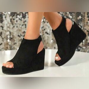 Women’s Black Faux Suede Wedge Sandals